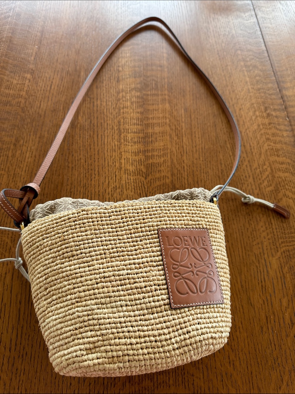 Loewe Beige Raffia Crossbody with Tan Leather Trim